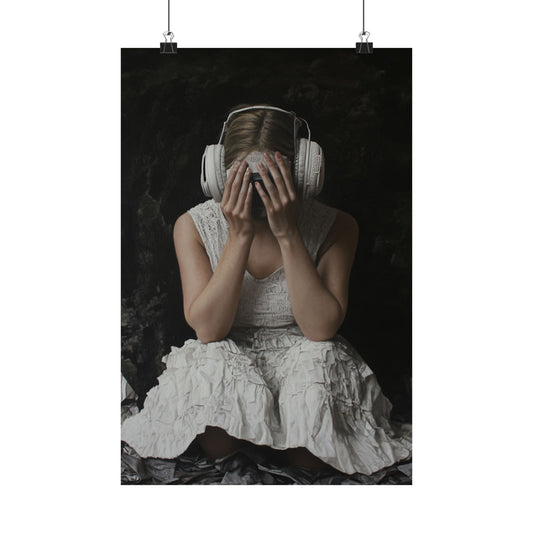 Silent Overload Poster 🎧🖤 | Emotional Portrait of a Woman in Distress with Headphones | High-Resolution Modern Art Print | Deep Wall Art for Therapy, Home & Creative Spaces