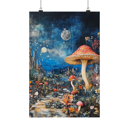 Enchanted Mushroom Forest Poster 🍄🌌 | Whimsical Fantasy Landscape Art Print | Magical Night Garden with Stars, Moons & Flowers | High-Resolution Wall Decor for Dreamers & Nature Lovers