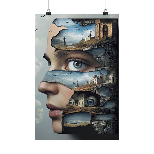 Surreal Face Landscape Poster 🌌👁️ | Dreamlike Portrait Wall Art with Hidden Worlds | High-Resolution Fantasy Print | Perfect for Home, Studio & Thoughtful Spaces
