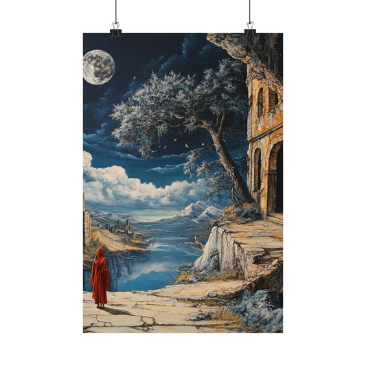Moonlit Journey Poster 🌕🧥 | Fantasy Landscape with Red Cloaked Wanderer | Mystical Castle Ruins & Mountain Lake | High-Resolution Art Print for Fantasy Lovers & Dreamers