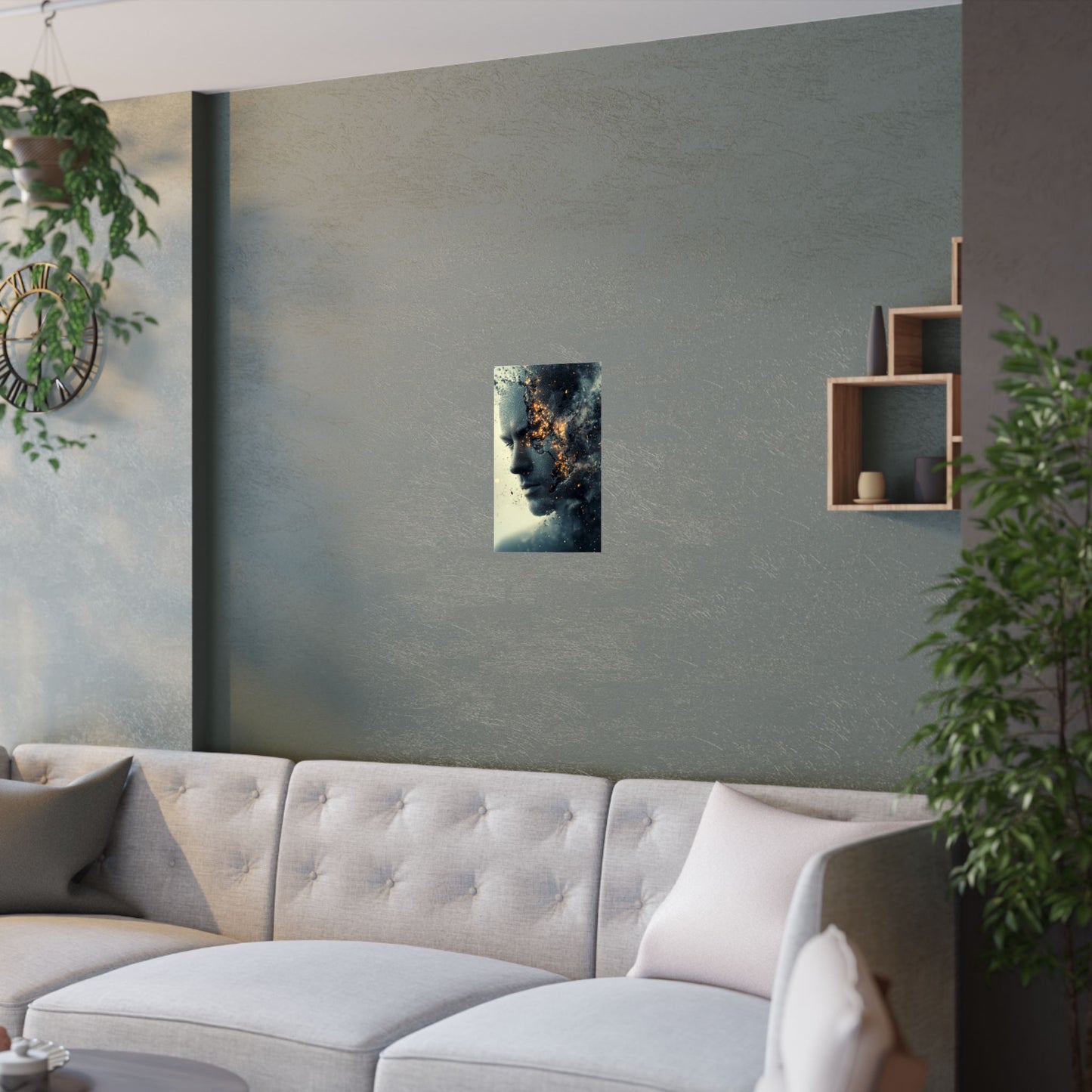 Fragmented Mind Poster 🧠⚡ | Surreal Sci-Fi Portrait Wall Art | Exploding Face with Sparks & Dust | High-Resolution Abstract Print for Home, Office or Studio Decor