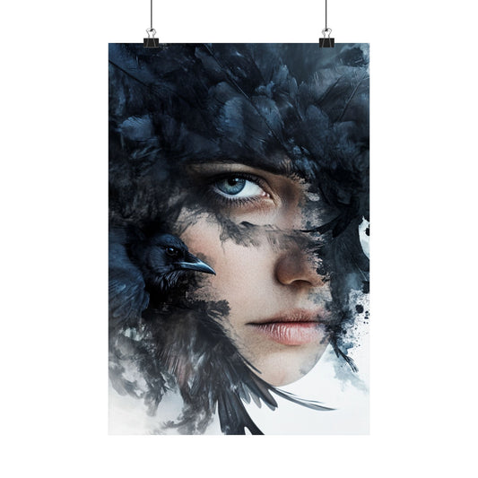Raven Veil Poster 🖤🪶 | Surreal Woman & Crow Face Fusion Art Print | Dark Fantasy Feathered Portrait | High-Resolution Wall Art for Mystics, Dreamers & Collectors