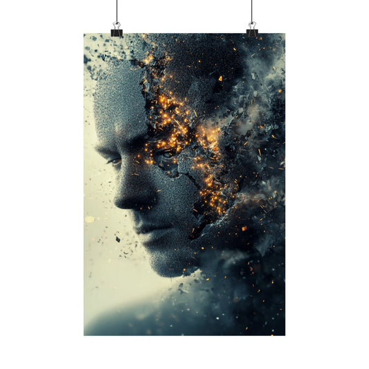 Fragmented Mind Poster 🧠⚡ | Surreal Sci-Fi Portrait Wall Art | Exploding Face with Sparks & Dust | High-Resolution Abstract Print for Home, Office or Studio Decor