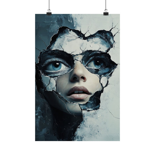 Cracked Illusion Portrait Poster 👁️🖤 | Surreal Face Breaking Through Wall | Emotional Modern Art Print | High-Resolution Poster for Bold Home & Studio Decor