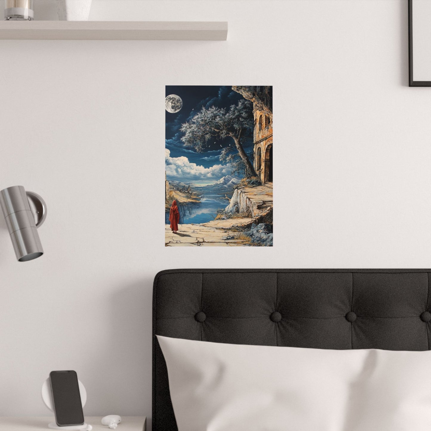 Moonlit Journey Poster 🌕🧥 | Fantasy Landscape with Red Cloaked Wanderer | Mystical Castle Ruins & Mountain Lake | High-Resolution Art Print for Fantasy Lovers & Dreamers