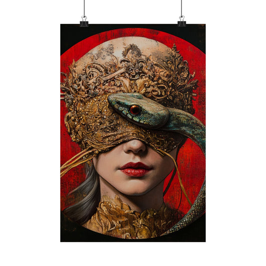 Venom & Velvet Poster 🐍👑 | Surreal Regal Portrait with Snake & Mask | Dark Baroque Fantasy Art Print | High-Resolution Statement Piece for Home, Gallery & Collectors