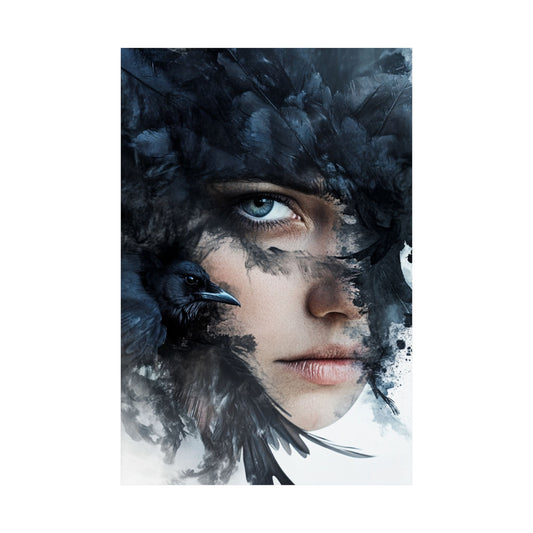 Raven Veil Poster 🖤🪶 | Surreal Woman & Crow Face Fusion Art Print | Dark Fantasy Feathered Portrait | High-Resolution Wall Art for Mystics, Dreamers & Collectors