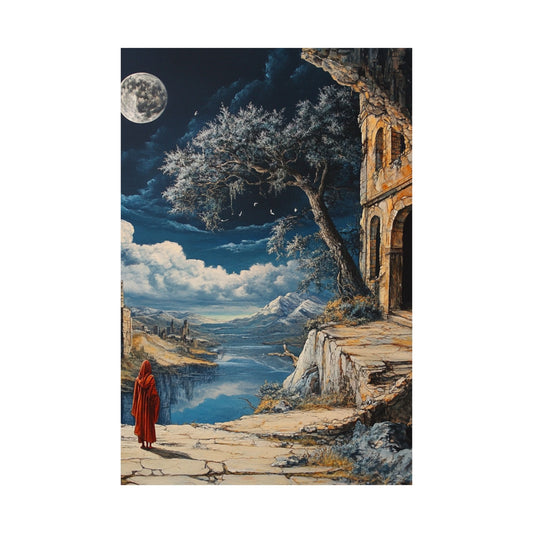 Moonlit Journey Poster 🌕🧥 | Fantasy Landscape with Red Cloaked Wanderer | Mystical Castle Ruins & Mountain Lake | High-Resolution Art Print for Fantasy Lovers & Dreamers