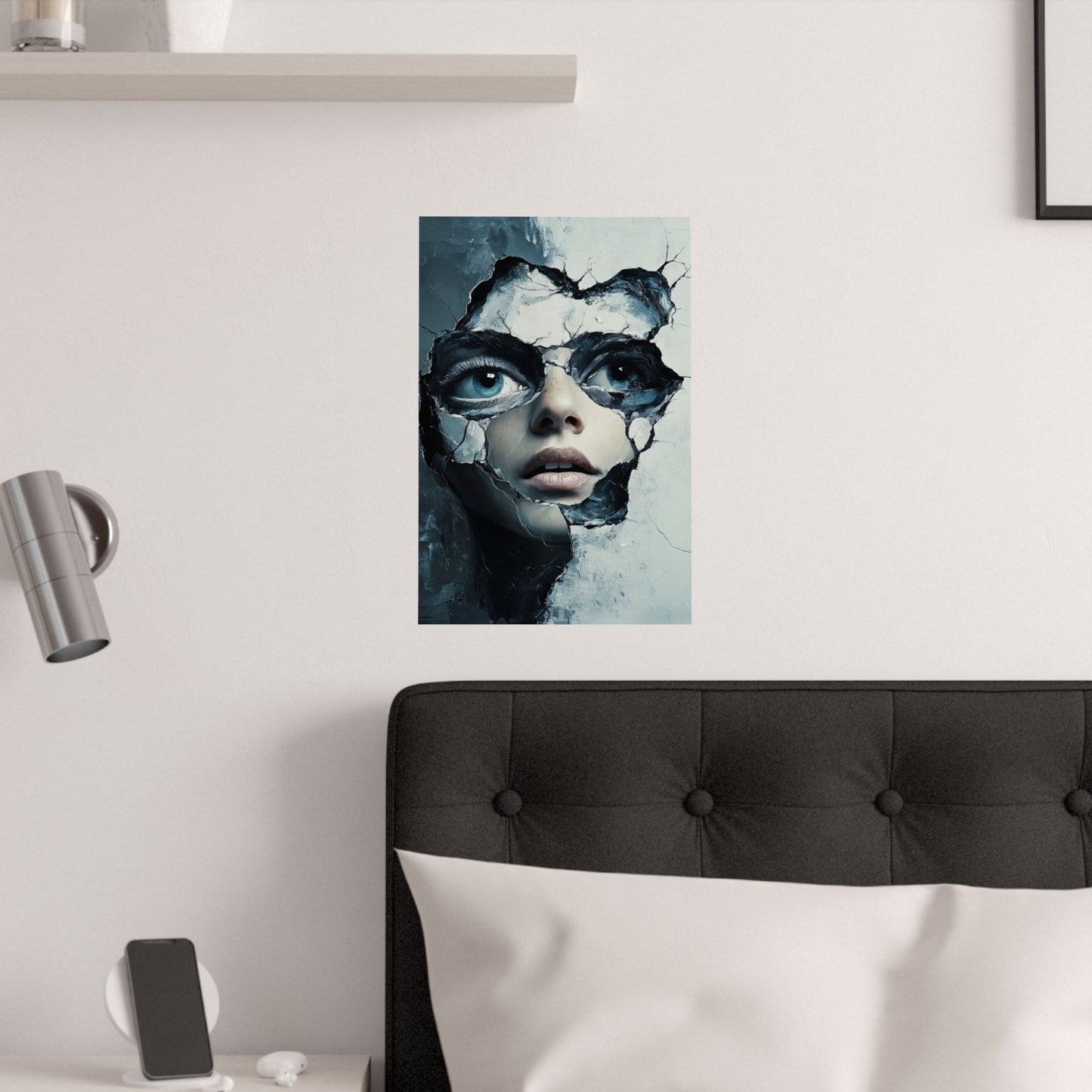 Cracked Illusion Portrait Poster 👁️🖤 | Surreal Face Breaking Through Wall | Emotional Modern Art Print | High-Resolution Poster for Bold Home & Studio Decor