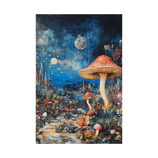 Enchanted Mushroom Forest Poster 🍄🌌 | Whimsical Fantasy Landscape Art Print | Magical Night Garden with Stars, Moons & Flowers | High-Resolution Wall Decor for Dreamers & Nature Lovers