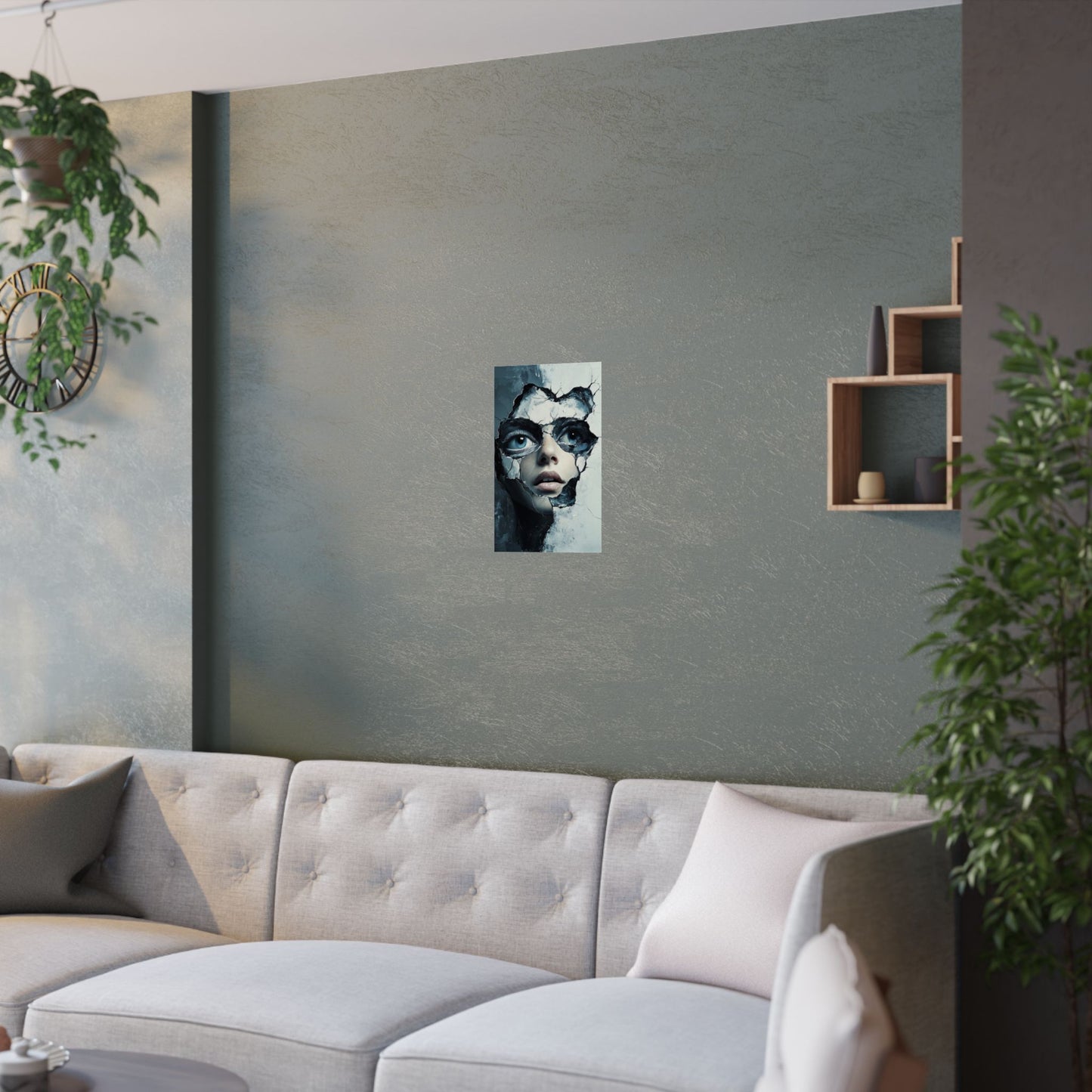 Cracked Illusion Portrait Poster 👁️🖤 | Surreal Face Breaking Through Wall | Emotional Modern Art Print | High-Resolution Poster for Bold Home & Studio Decor